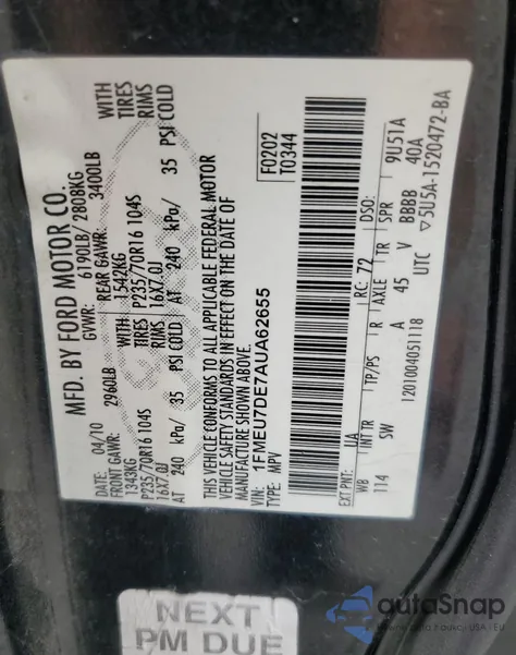 2010 Ford Explorer Xlt из США, поврежденный, VIN 1FMEU7DE7AUA62655